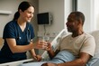 © Who is Danny - Nurse giving a glass of water to smiling male patient in hospital bed with bright background, showing compassion and care in medical setting. Ai generative