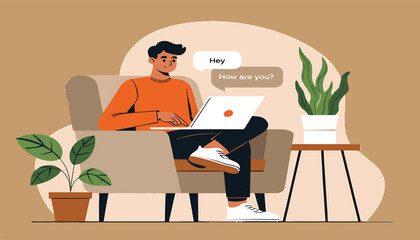 Young man sitting in a cozy armchair and chatting on a laptop. Modern vector illustration of digital communication and remote work lifestyle