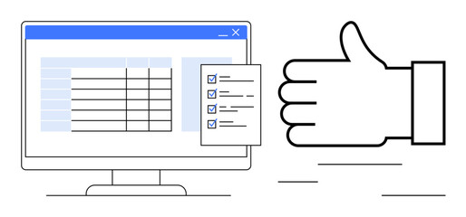Wall Mural - Desktop monitor displaying a table and checklist, accompanied by a thumbs-up gesture. Ideal for productivity, organization, project workflow, approval, planning, teamwork, simple landing page