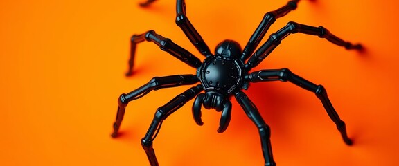Intricate black plastic spider pattern on vibrant orange backdrop,  design,  backdrop
