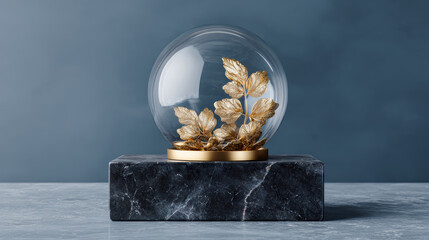 Glass bauble with gold leaf inside transparent sphere on marble base black stone modern decor luxury design minimalist style reflective surface elegant object