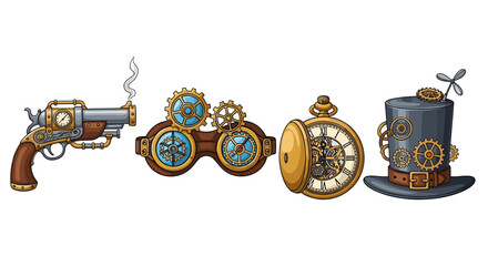 Whimsical steampunk gadgets arrayed against a crisp, clean white background