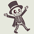 © JOLY - Vector art of a cute cartoon skeleton wearing a top hat and suit, dancing joyfully with its arms outstretched, isolated on a light background