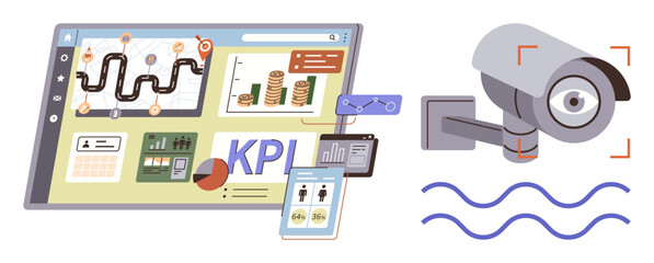 Wall Mural - Tablet screen with performance metrics, analytics charts, and KPIs alongside a security camera scanning area. Ideal for business analytics, data monitoring, surveillance, performance tracking
