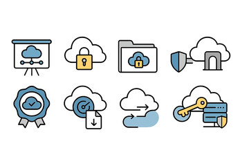 Wall Mural - Cloud security line icon set covers data protection, access control, storage safety