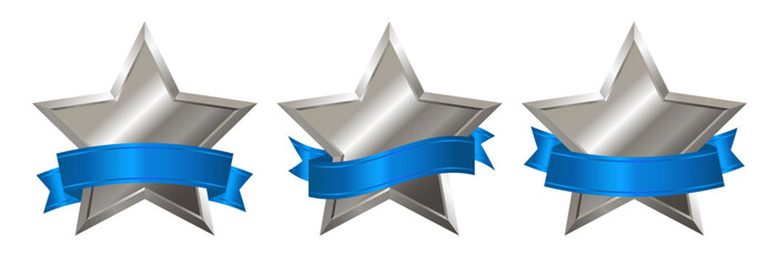 Wall Mural - Set of realistic silver star with blue satin silk ribbon. Element, icon with metallic effect for award, medal, rating designation, status on white background. Isolated vector illustration EPS10