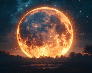 Wall Mural - A colossal fiery moon glows intensely over a dark silhouetted landscape under a vast star dusted cosmic sky