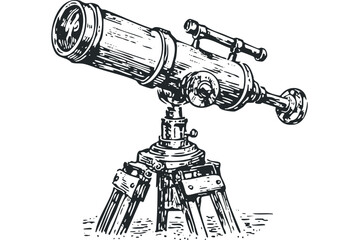 Wall Mural - Vintage telescope with tripod on white isolated background. Vector hand drawn illustration