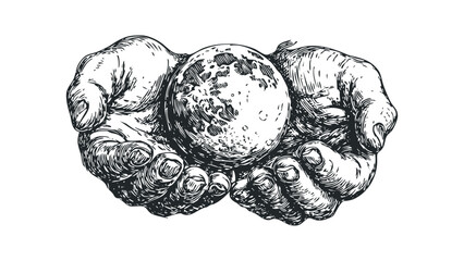 Wall Mural - Hands holding moon sphere in sketch style. Vector hand drawn illustration
