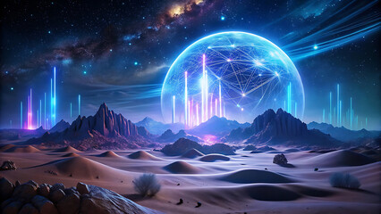 Wall Mural - Surreal glowing holographic desert graph under night sky futuristic finance hologram stock design  