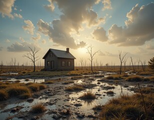 Wall Mural - Serene cabin nestled in a tranquil wetland landscape at golden hour, evoking peace and solitude