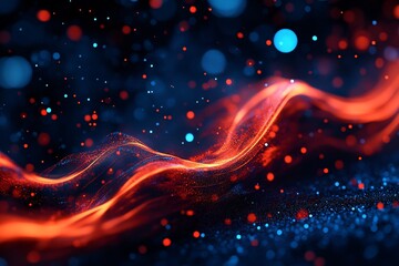 Abstract background with wavy red lines and blue bokeh lights.