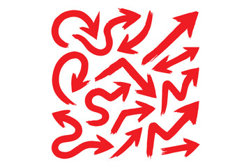 Wall Mural - Various bold brush drawn curved arrows. Collection doodle marker thick arrows in different directions. Hand drawn vector direction pointers. Curved and wavy brush strokes with scratches.