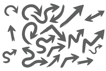 Wall Mural - Various bold brush drawn curved arrows. Collection doodle marker thick arrows in different directions. Hand drawn vector direction pointers. Curved and wavy brush strokes with scratches.