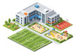 © meeblues - Isometric 3D illustration of a school with playground, soccer field, and basketball court, representing education, learning, sports, childhood, and student activities in a vibrant campus environment