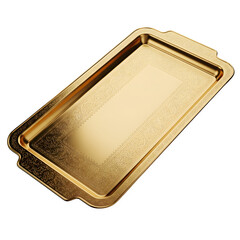 Shiny golden rectangular serving tray with ornate embossed pattern isolated on transparent background