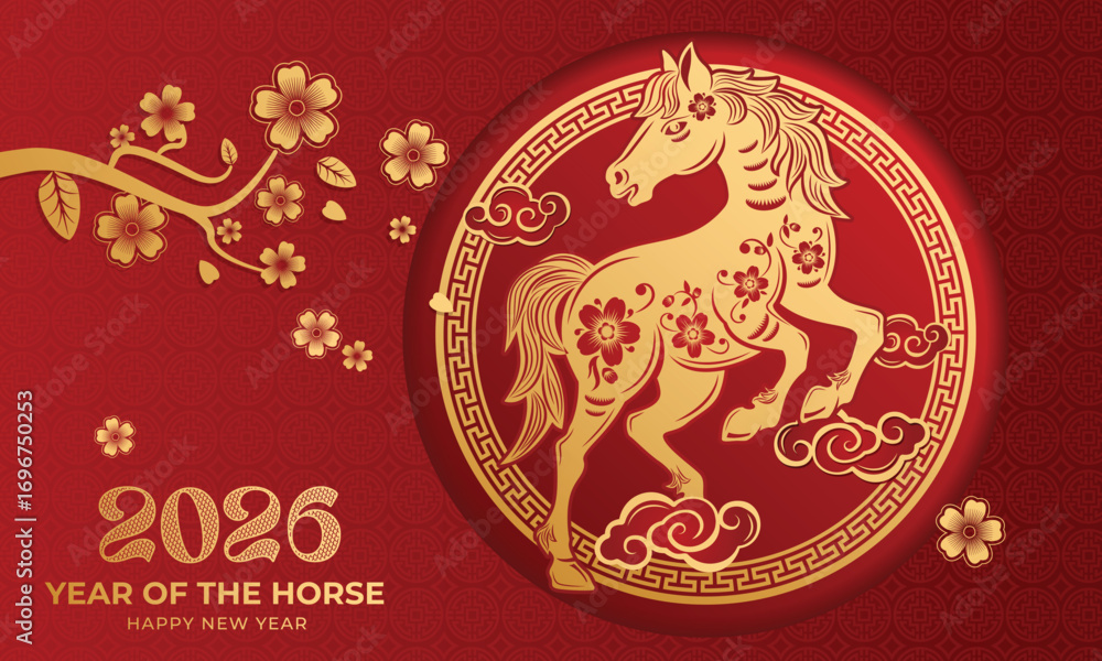 Happy Chinese new year of the horse 2026 festive banner with gold horse ...