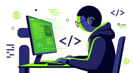 Coding Illustration: Developer Working On a Computer Demonstrating Programming Process