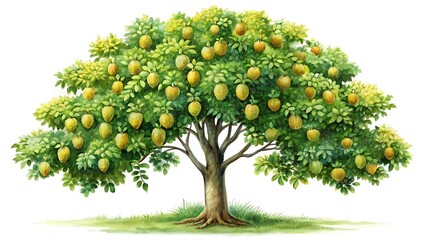 Watercolor illustration of a mango tree isolated on white background