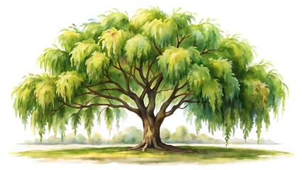Watercolor illustration of a weeping willow tree isolated on white background
