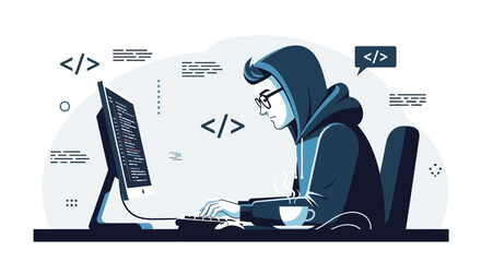 Conceptual Illustration of Coding, A Programmer Focused on Lines of Code in Office