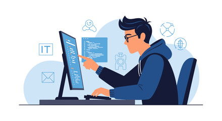 Developer Working On Code, Modern Illustration Style, Coding Software Application Development