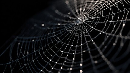 Detailed spider web with thin threads shining on black background. Background for arachnid, Halloween themes