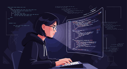Female Developer Working On Code Illustration, Coding, Programming, And Technology Concepts