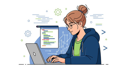 Female Developer Concentrates on Coding, Surrounded by Digital Project Elements and Circuits
