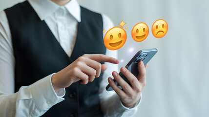 Feedback emoji interaction: A professional individual engages with a smartphone, accompanied by a cascade of animated emoji reflecting a spectrum of user feedback.