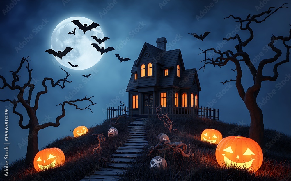 Spooky Halloween Night Scene with Haunted House and Glowing Pumpkins ...