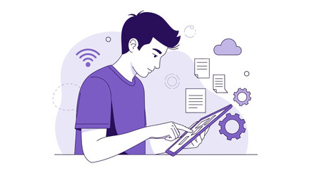 Modern Tech Integration: User Engaged With Tablet, Cloud Connectivity, and Information Access