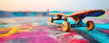 Grunge Rusty Edgy concept. Vibrant skateboard on a colorful surface with a sunset backdrop.