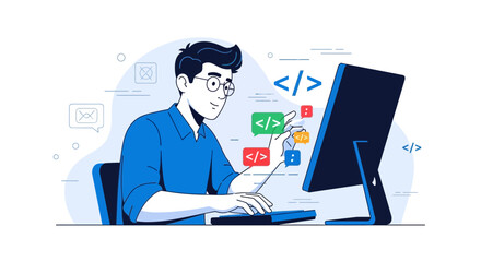 Man Coding And Working On Computer Illustrates Digital Technology And Programming Activity