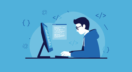 Programmer Coding With Computer, Illustrating Technology Innovation and Software Development