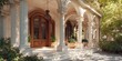 © Afsana - Elegant Greek-style house with tall stone columns and arches in a landscaped garden, showcasing luxury real estate and timeless architectural design