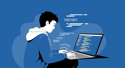 Young Man Focused On Coding And Programming Through a Laptop Computer Screen