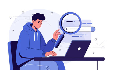 Young Man Search Online Concept Using Magnifying Glass And Laptop, Vector Illustration