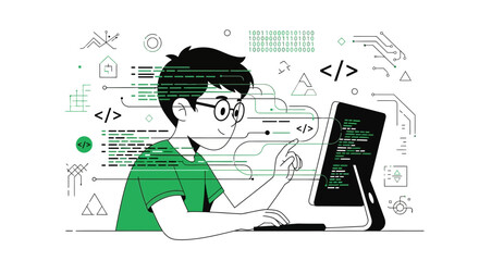 Young Programmer Crafting Code on a Modern Computer with Data Flow Visualization