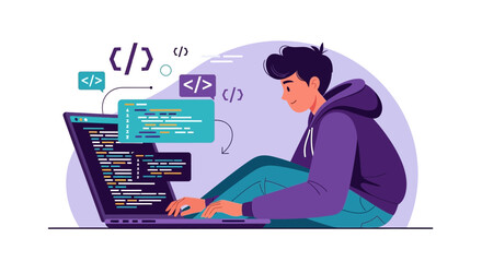 Young Software Engineer Coding Programming On a Laptop With Creative Digital Interface