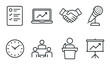 © Soliannikov Yevhenii - Business icons set: checklist, laptop, handshake, microphone, clock, meeting, speaker, chart