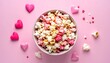© Seba - Pink and white popcorn in bowl, heart decorations