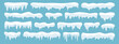 © Anastasiia - Collection of cartoon snow caps and icicles in a simple, flat design. Set with various frozen snow and ice elements, perfect for decorating roofs, text, or frames for a winter theme