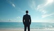 © miss irine - Businessman in suit stands on beach looking at horizon. Blue sky, calm sea background. Represents contemplation, solitude, escape from corporate life, and peaceful relaxation by nature.