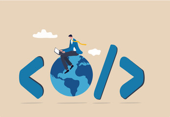 Website development, www application coding, technology create online cyberspace software connect through the internet concept, software engineer coding on laptop sitting on globe with coding symbol.