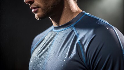 Moisture wicking compression athletic fabric texture macro water droplets breathable performance wear, compression shirt athlete closeup with