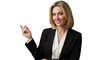 © ali - Professional businesswoman pointing at copy space, confident female entrepreneur in black blazer, successful corporate leader isolated on white