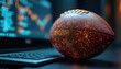© miss irine - American football ball rests on laptop keyboard. Screen displays blurred stock market data charts, graphs. Digital technology merges with sports analytics for prediction, betting, fantasy games.