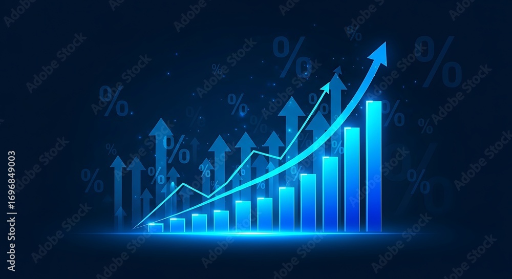 Abstract blue background with glowing bar chart and upward trending ...
