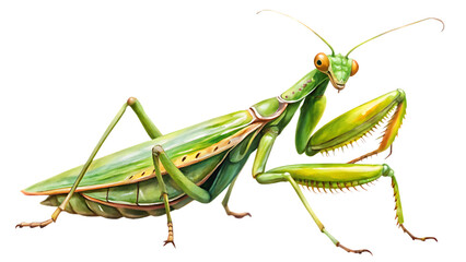Watercolor illustration of a green mantis isolated on transparent background
